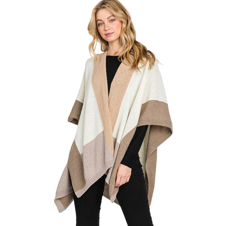 Taupe Trendy Color Block Ruana Poncho, with the latest trend in ladies' outfit cover-up! the high-quality knit ruana poncho is soft, comfortable, and warm but lightweight. It's perfect for your daily, casual, party, evening, vacation, and other special events outfits. A fantastic gift for your friends or family.