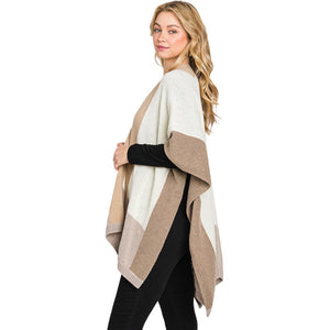 Taupe Trendy Color Block Ruana Poncho, with the latest trend in ladies' outfit cover-up! the high-quality knit ruana poncho is soft, comfortable, and warm but lightweight. It's perfect for your daily, casual, party, evening, vacation, and other special events outfits. A fantastic gift for your friends or family.