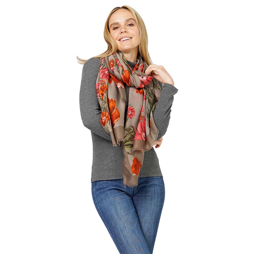 Taupe Trendy Flower Patterned Scarf, your neck deserves something better than cheap fabrics. It's a design that gives any outfit a unique look. Can even be used as a beach bathing suit wrap. You will receive a lot of compliments on it. Perfect gift for girlfriend, wife, sister, daughter, mom, and friends for graduation.