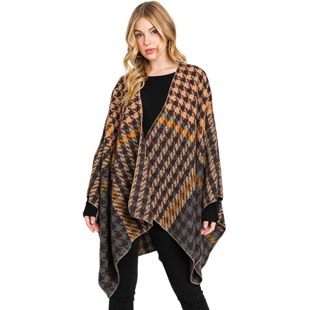 Taupe Trendy Houndstooth Patterned Ruana Poncho, with the latest trend in ladies' outfit cover-up! the high-quality knit ruana poncho is soft, comfortable, and warm but lightweight. It's perfect for your daily, casual, party, evening, vacation, and other special events outfits. A fantastic gift for your friends or family.