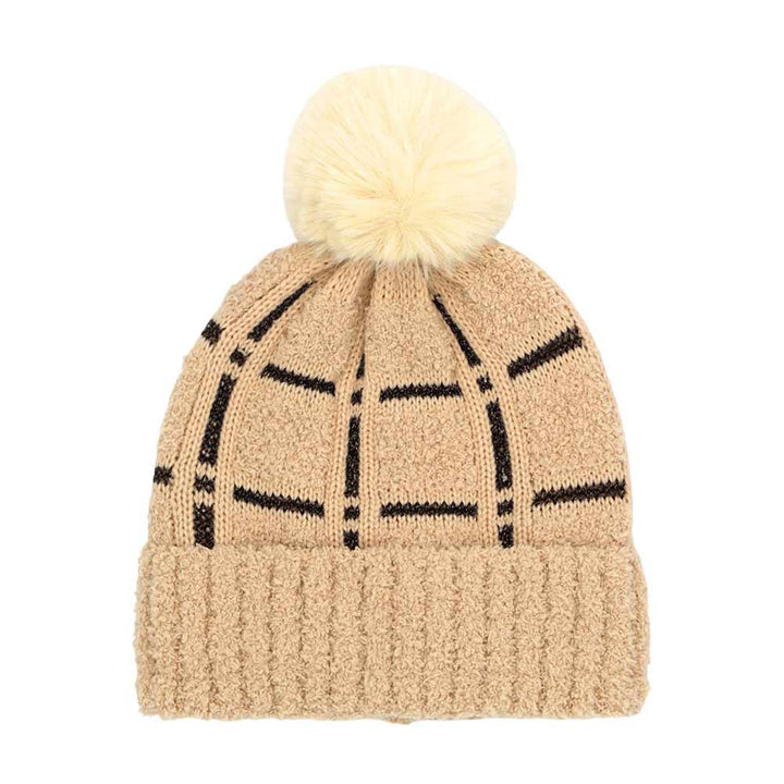 Taupe Trendy Plaid Check Patterned Pom Pom Beanie Hat, wear this beautiful beanie hat with any ensemble for the perfect finish before running out the door into the cool air. An awesome winter gift accessory and the perfect gift item for Birthdays, Christmas, Stocking stuffers, holidays, anniversaries, Valentine's Day, etc.