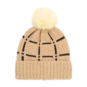 Taupe Trendy Plaid Check Patterned Pom Pom Beanie Hat, wear this beautiful beanie hat with any ensemble for the perfect finish before running out the door into the cool air. An awesome winter gift accessory and the perfect gift item for Birthdays, Christmas, Stocking stuffers, holidays, anniversaries, Valentine's Day, etc.