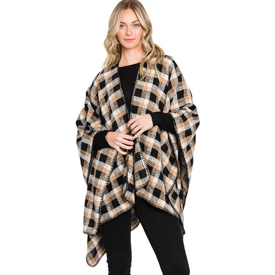 Taupe Trendy Plaid Check Patterned Ruana Poncho, with the latest trend in ladies' outfit cover-up! the high-quality knit ruana poncho is soft, comfortable, and warm but lightweight. It's perfect for your daily, casual, party, evening, vacation, and other special events outfits. A fantastic gift for your friends or family.