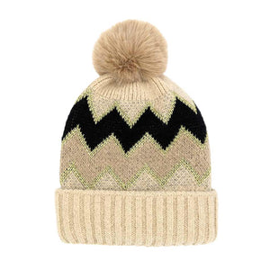 Taupe Zigzag Chevron Patterned Fuzzy Fleece Pom Pom Beanie Hat, wear this beautiful beanie hat with any ensemble for the perfect finish before running out the door into the cool air. An awesome winter gift accessory and the perfect gift item for Birthdays, Christmas, holidays, anniversaries, Valentine's Day, etc.