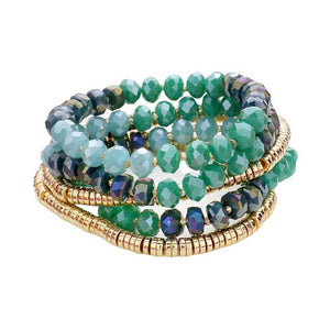 Teal 5PCS Faceted Beaded Heishi Beaded Multi Layered Stretch Bracelet, This set features 5PCS of faceted and heishi beaded strands. The unique design adds a touch of elegance to any outfit. The stretchy material provides a comfortable fit for all wrist sizes. Elevate your style with this versatile and eye-catching piece.