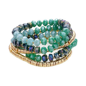 Teal 5PCs Faceted & Heishi Beaded Multi Layered Stretch Bracelet, is crafted with a combination of faceted and heishi beads for a unique look. The stretchable design fits most wrists, making it perfect for special occasion. The multi-layered design adds a stunning look that will be sure to turn heads.