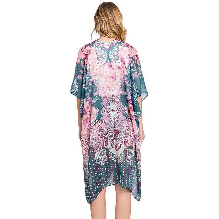 Teal Abstract Paisley Flower Print Kimono Poncho, Expertly crafted with an abstract paisley print, this kimono poncho is a versatile addition to any wardrobe. Made with lightweight, breathable material, it's perfect for layering over any outfit for a chic look. Enjoy the unique design and comfortable fit of this piece.