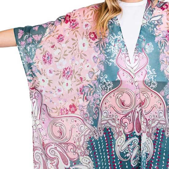 Teal Abstract Paisley Flower Print Kimono Poncho, Expertly crafted with an abstract paisley print, this kimono poncho is a versatile addition to any wardrobe. Made with lightweight, breathable material, it's perfect for layering over any outfit for a chic look. Enjoy the unique design and comfortable fit of this piece.