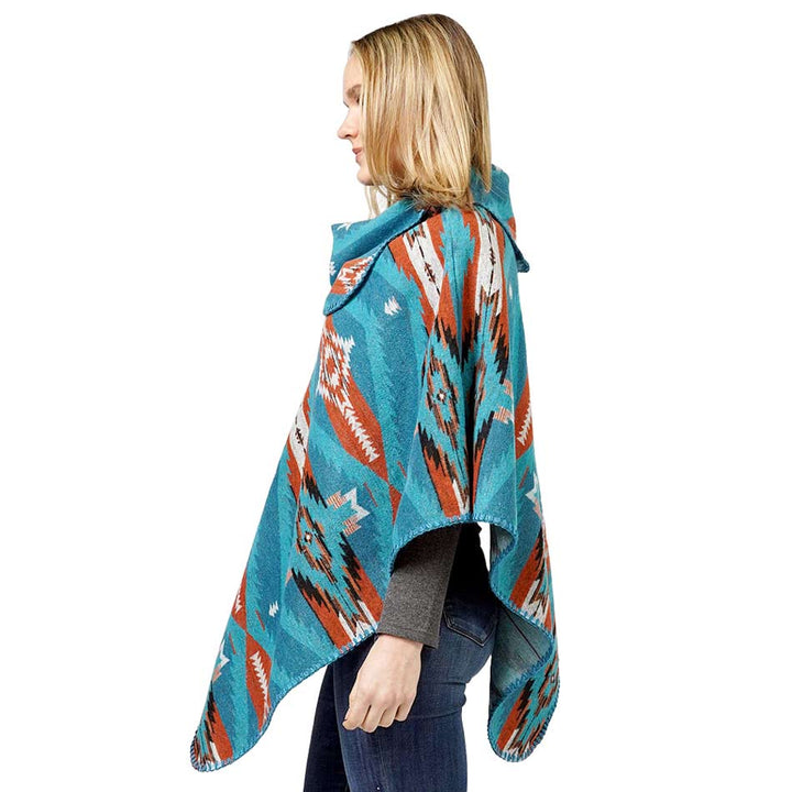 Teal Aztec Patterned Poncho, with the latest trend in ladies' outfit cover-up! the high-quality knit poncho is soft, comfortable, and warm but lightweight. Its beautiful color variation goes with every outfit. It's perfect for your daily, casual, party, or any outfit. A fantastic gift for your friends or family.