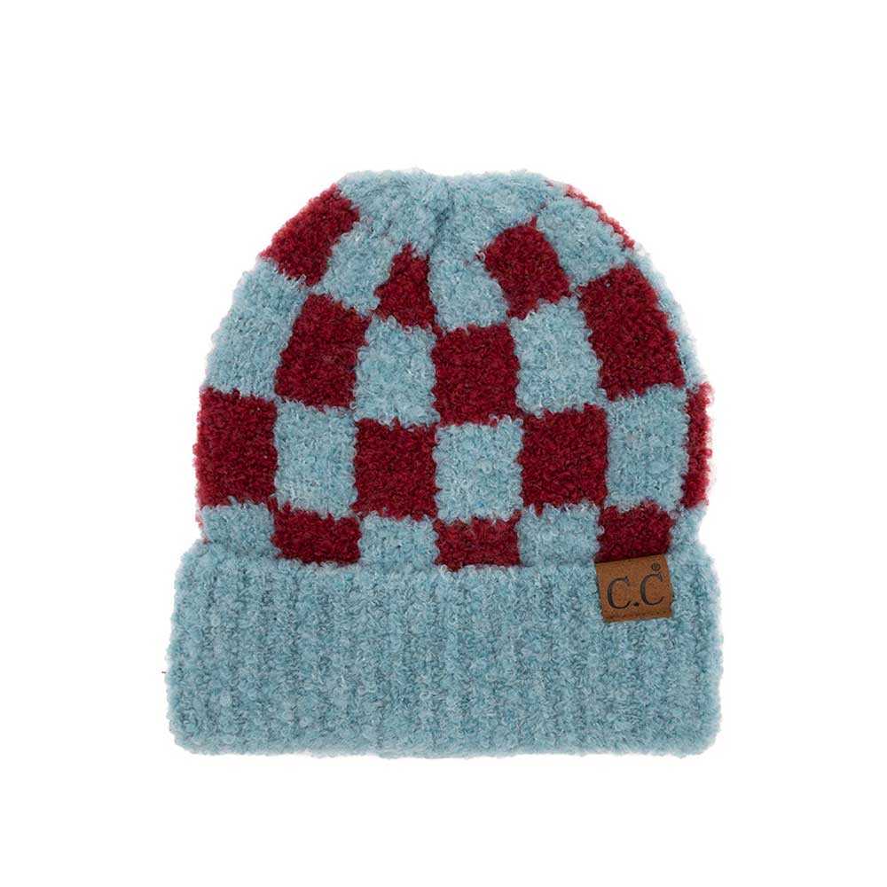 Teal Burgundy C.C Checkered Pattern Boucle Cuff Beanie, stay warm and fashionable with this stylish beanie. The soft boucle accent adds a delightful touch of fun to any outfit. Awesome winter gift accessory for birthdays, Christmas, holidays, anniversaries, or Valentine's Day to your friends, family, and loved ones.