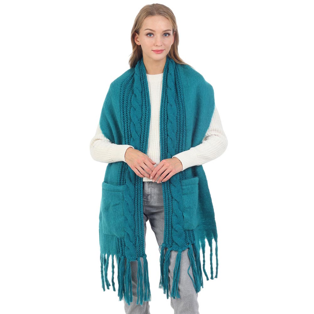 Teal Solid Knit Pockets Tassel Oblong Scarf, is delicate, warm, on-trend & fabulous, and a luxe addition to any cold-weather ensemble. Great for daily wear in the cold winter to protect you against the chill, the classic style scarf & amps up the glamour with a plush material. Perfect gift for birthdays, or any occasion.