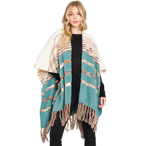 Teal Striped Tassel Fringe Ruana Poncho, with the latest trend in ladies' outfit cover-up! the high-quality tassel fringe ruana poncho is soft, comfortable, and warm but lightweight. It's perfect for your daily, casual, party, vacation, and other special events outfits. A fantastic gift for your friends or family.
