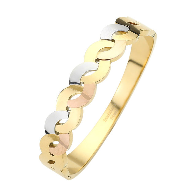 Three Tone Stainless steel three-tone hinged bangle bracelet is the perfect addition to your jewelry collection. Made with high-quality materials, it is not only durable but also stylish. The three different tones add a unique touch to any outfit. Elevate your style with this stunning bangle bracelet.