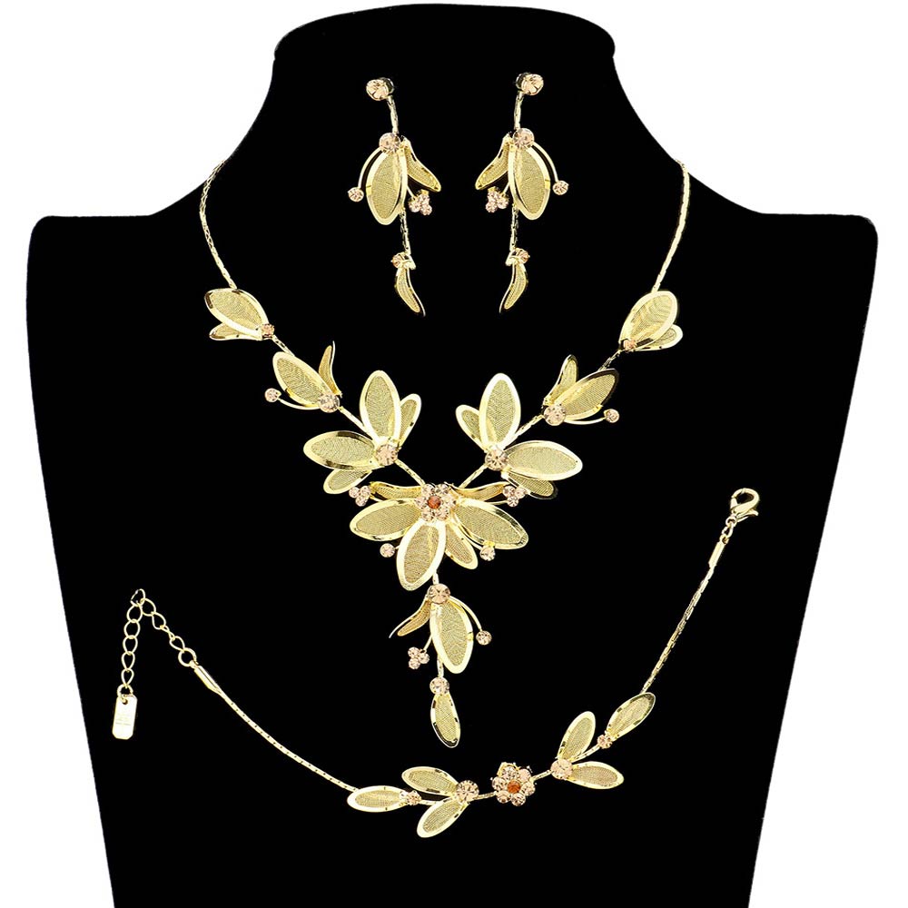 Topaz Stone Accented Metal Mesh Petal Jewelry Set, These Necklace jewelry sets are Elegant. Get ready with these beautifully floral detailed stone Necklace and a bright Bracelet, adds a gorgeous glow to any outfit. Stunning jewelry set will sparkle all night long making you shine out like a diamond. Suitable for wear Party, Wedding, Date Night or any special events. Perfect Birthday, Anniversary, Prom Jewelry, Thank you Gift.