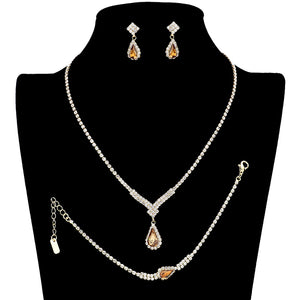 Lt Topaz Teardrop Stone Accented Rhinestone Necklace Jewelry Set radiates luxury and sophistication, intricately faceted rhinestones will shimmer in the light and the teardrop stones make each piece timeless and elegant. Perfect Birthday, Christmas, Anniversary Gift, Prom, Graduation, Regalo de Cumpleanos, Aniversario, Navidad