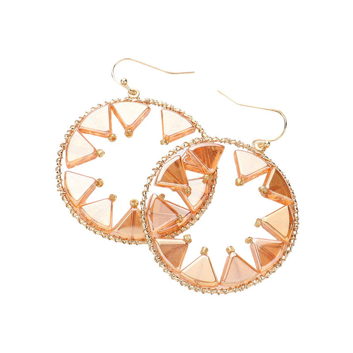 Topaz-Triangle Beads Embellished Open Circle Dangle Earrings, Perfect statement piece for any outfit. Made with high-quality materials and intricate design, they offer a unique and elegant touch to your look. The open circle dangle adds movement and style, while the triangle beads bring a touch of glamour.