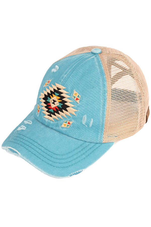 Tourquoise C.C AZTEC PATCH DISTRESSED PONY CAP is a stylish and versatile accessory that combines functionality with fashion. Made of high-quality materials, it features an eye-catching aztec patch design and a distressed finish for a trendy look. Stay protected from the sun and add a touch of personality to your outfit with this must-have cap.