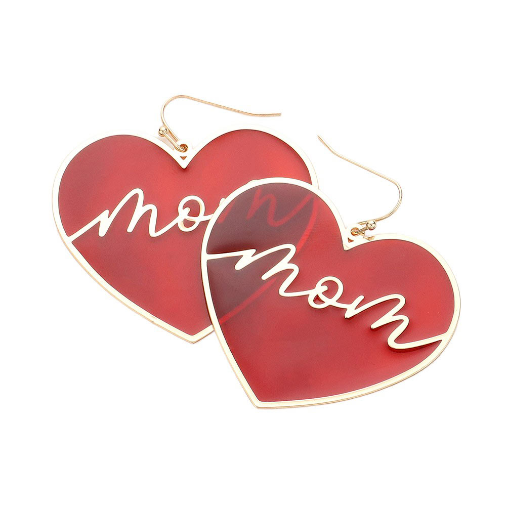 Translucent Heart MOM Message Dangle Earrings, These earrings feature a special message for Moms, delicately dangling from each earring. With a sleek and modern design, these earrings are the perfect way to show your appreciation and love for the special mother figure in your life. Made with quality materials.