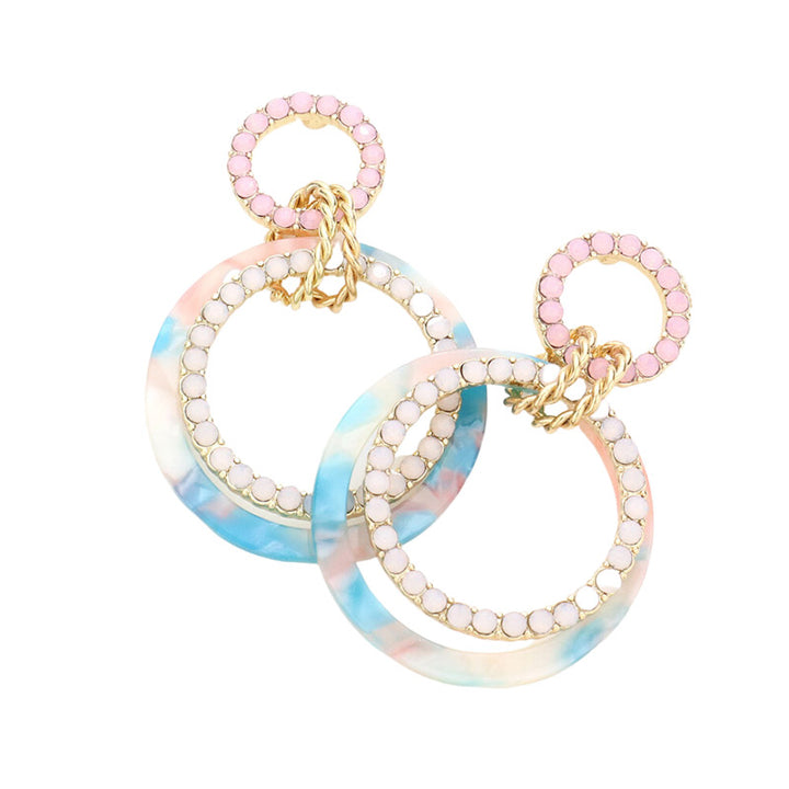 Tired of plain old earrings? Add some pizzazz to your look with these Turquoise Celluloid Acetate Rhinestone Embellished Open Circle Link Dangle Earrings! Embellished with rhinestones in open circles, these earrings are sure to sparkle. Perfect Birthday Gift, Anniversary Gift, Christmas Gift, Regalo Navidad, Regalo Cumpleanos