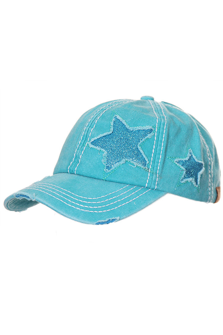 Turquoise C.C GLITTER STAR BASEBALL PONYCAP is a stylish and functional accessory. Made with high-quality materials, it adds a touch of glitz to your wardrobe. The baseball-style provides sun protection, while the ponytail opening adds convenience. Upgrade your hat collection with this must-have piece.
