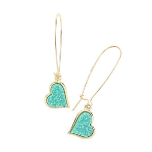 Turquoise Druzy Heart Dangle Earrings, Enhance your look with these stunning earrings. The unique druzy hearts add a touch of elegance and sparkle to any outfit. Crafted with high-quality materials, these earrings are perfect for any occasion. Elevate your style and make a statement with these must-have earrings.