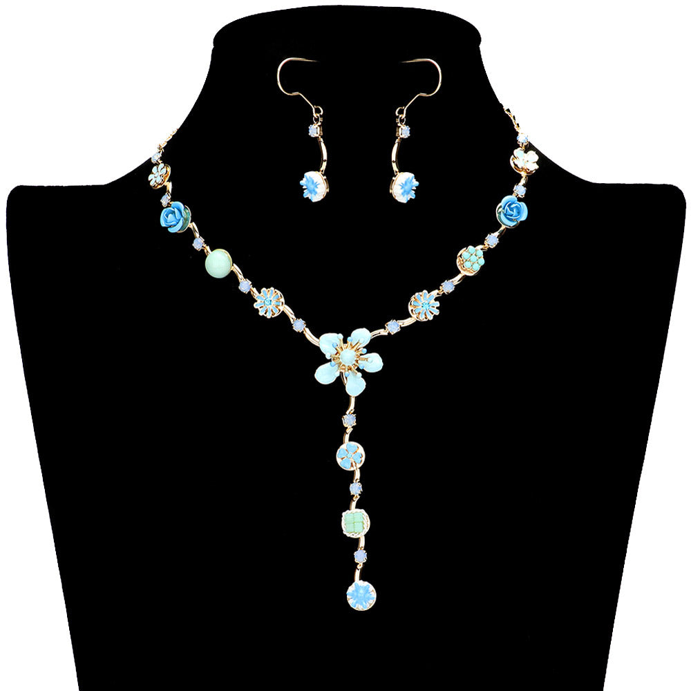 Turquoise Enamel Flower Stone Embellished Y Choker Jewelry Set, This beautiful set offers a unique eye-catching piece crafted with quality materials for a striking addition to any look. The set is adorned with bright enamel flowers and glimmering stones for a chic and elegant look. Wear it and dazzle on any special occasion.