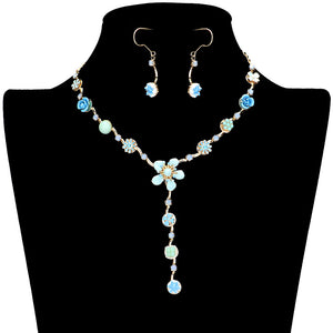 Turquoise Enamel Flower Stone Embellished Y Choker Jewelry Set, This beautiful set offers a unique eye-catching piece crafted with quality materials for a striking addition to any look. The set is adorned with bright enamel flowers and glimmering stones for a chic and elegant look. Wear it and dazzle on any special occasion.