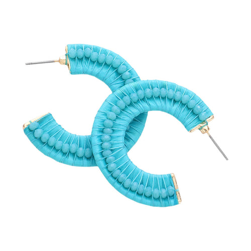 Faceted Bead Embellished Raffia Wrapped Hoop Earrings - Turquoise
