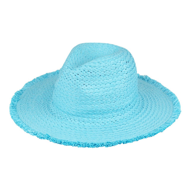 Turquoise Frayed Solid Straw Sun Hat is the perfect addition to your summer wardrobe. Made with high-quality straw, it offers both style and functionality, keeping you cool and protected from the sun's rays. Its frayed edge adds a touch of effortless chic to any outfit. A must-have for any beach or outdoor adventure. 
