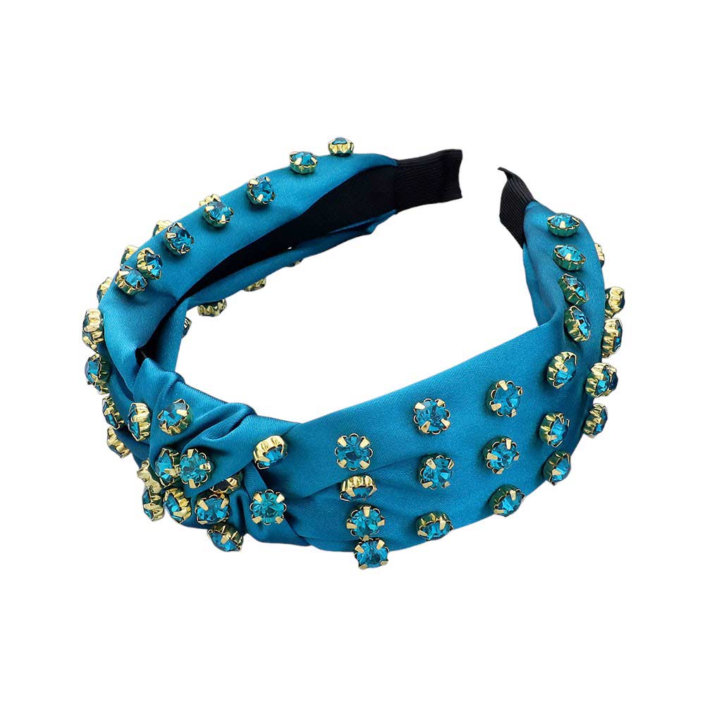 Turquoise Glass Stone Cluster Decorated Knot Headband, This elegant headband is the perfect accessory for adding a touch of glamour to any outfit. The sparkling glass stones and intricate knot design create a luxurious and stylish look. Made from high-quality materials, this headband is both durable and beautiful.