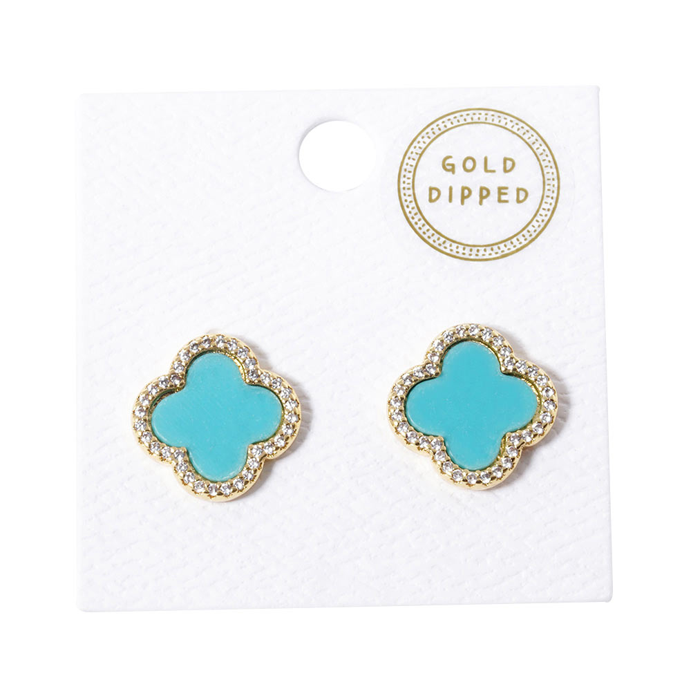 Turquoise Gold Dipped Quatrefoil Stud Earrings, feature a quatrefoil pattern, crafted from gold-dipped lead & nickel compliant and secured with post backings. Showcase your refined style with these versatile earrings and dress up any outfit for any occasion. Nice and cute gift for your family members, friends, or loved ones.