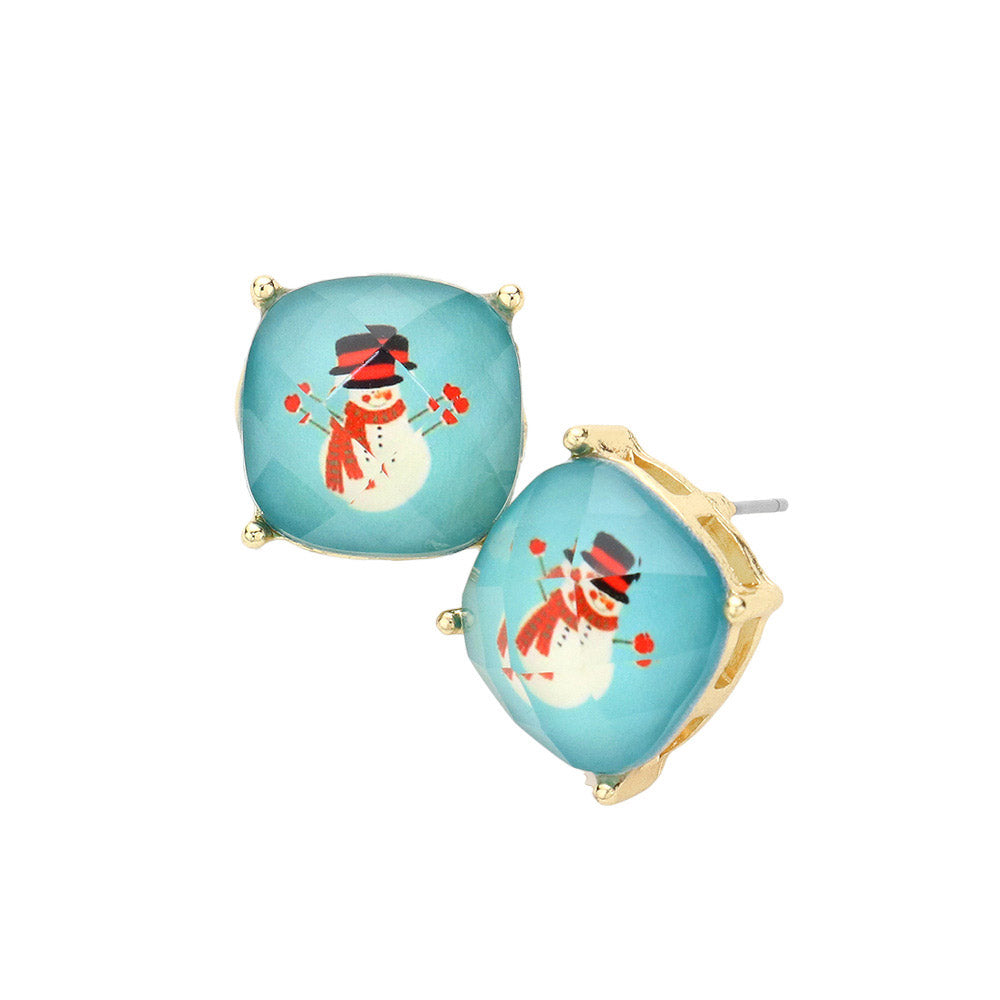 Turquoise Gold Dipped Snowman Cushion Square Stud Earrings, These unique, and beautiful earrings are the perfect holiday accessory! Highlight your appearance, and grasp everyone's eye at the Christmas party. Great gift idea for your Wife, Mom, your Loving one, or any family member this Christmas.