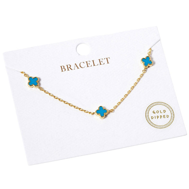 Turquoise Gold Dipped Triple Quatrefoil Link Bracelet, is the perfect accessory for any outfit. Crafted using gold-dipped materials, it is lightweight, durable, and will not tarnish. A triple Quatrefoil Link design adds interest and style to any look. This beautiful bracelet can be a nice gift to your loved ones on any occasion.