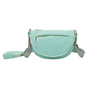 Turquoise Half Round Solid Nylon Crossbody Bag, is made of nylon, making it lightweight and durable. The adjustable shoulder strap ensures it will be comfortable to carry. The half-round shape adds a unique look to this bag, making it a great choice for any occasion. Perfect gift for fashion-forwarded family members and friends.