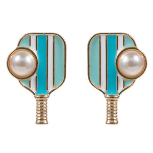 Turquoise Pearl Pointed Pickleball Racket Stud Earrings, Serve up some serious style with these! These unique earrings feature a charming pearl and a playful pickleball racket pendant, perfect for any pickleball enthusiast. Show off your love for the game while looking effortlessly chic, this earrings are sure to turn heads.