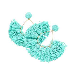 Turquoise Raffia Fringe Fan Dangle Earrings, Expertly crafted with delicate Raffia Fringe, these earrings add a touch of elegance to any outfit. The fan dangle design creates a unique and eye-catching look, while the lightweight material ensures comfortable wear all day long. Perfect for any occasion.