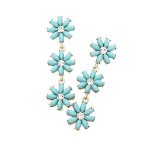 Turquoise Stone Cluster Triple Flower Link Dropdown Earrings are a perfect addition to any outfit. The beautiful design features a trio of clustered stones and delicate flower links, creating a unique and elegant look. Made with high-quality materials, these earrings are durable and bring a touch of sophistication to your style.