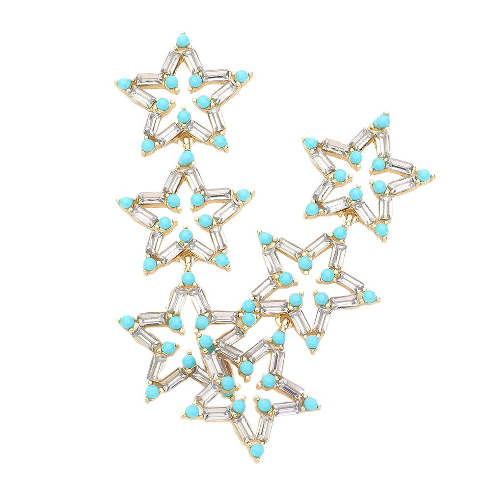 Turquoise Triple Star Link Dangle Earrings are a stunning addition to any outfit. Made with high-quality materials, they feature a unique triple-star dangle design that will catch the eye and elevate any look. Perfect for special occasions or everyday wear, these are a perfect gift choice for any fashion-forward individual.