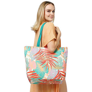 Turquoise Tropical Leaf Print Tote Bag, This stylish tote bag features a vibrant tropical leaf print, perfect for adding a touch of nature to your outfit. Made of durable material, it is great for carrying all your daily essentials while remaining lightweight. Bring a touch of the tropics wherever you go with this versatile tote