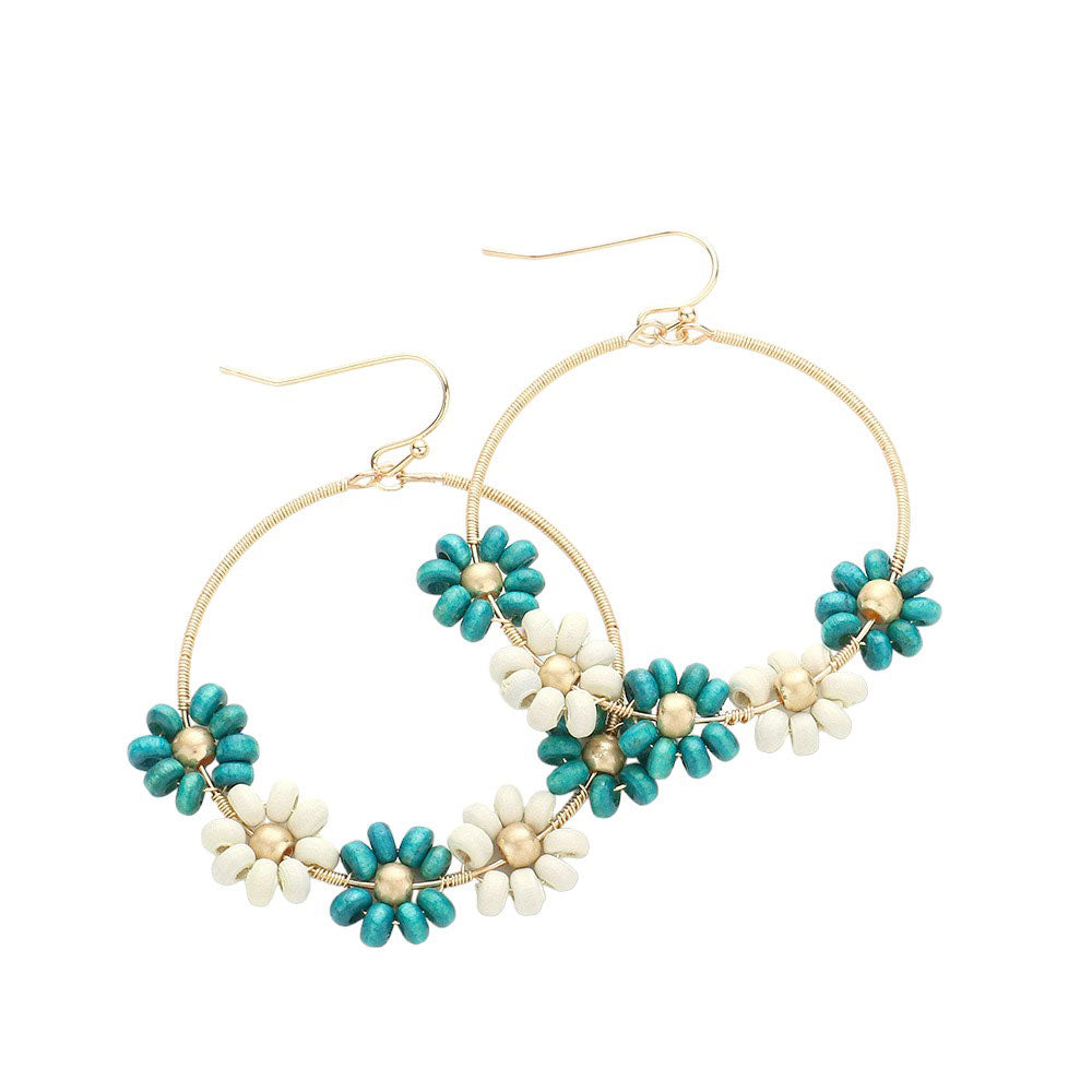 Turquoise Wood Beaded Flower Accented Open Metal Dangle Earrings, these eye-catching earrings feature wood beads and a stylish metal design. These simple yet beautiful wood-beaded earrings are perfect for any outfit. These open metal dangle earrings can be given as a sweet gift to your family & friends on Valentine's Day.