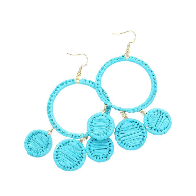 Turquoise Woven Raffia Open Circle Triple Round Link Dangle Earrings. The Beautifully crafted design adds a glow to any outfit. Look like the ultimate fashionista with these swirl raffia triple round link earrings! Which easily makes your events more enjoyable. These earrings make you extra special on occasion. These swirl raffia round earrings enhance your beauty and make you more attractive. These dangle earrings make your source more interesting and colorful.