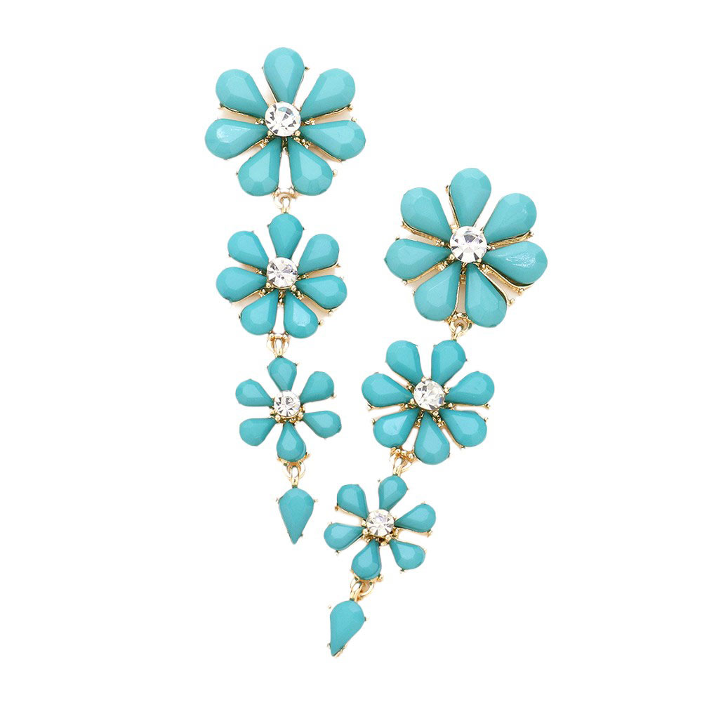 Turquoise Teardrop Cluster Triple Flower Link Dangle Evening Earrings. Enhance any evening look with these elegant earrings featuring a stunning teardrop design and delicately crafted triple flower links. The perfect accessory for a touch of sophistication and glamour. Made with quality materials for lasting beauty.