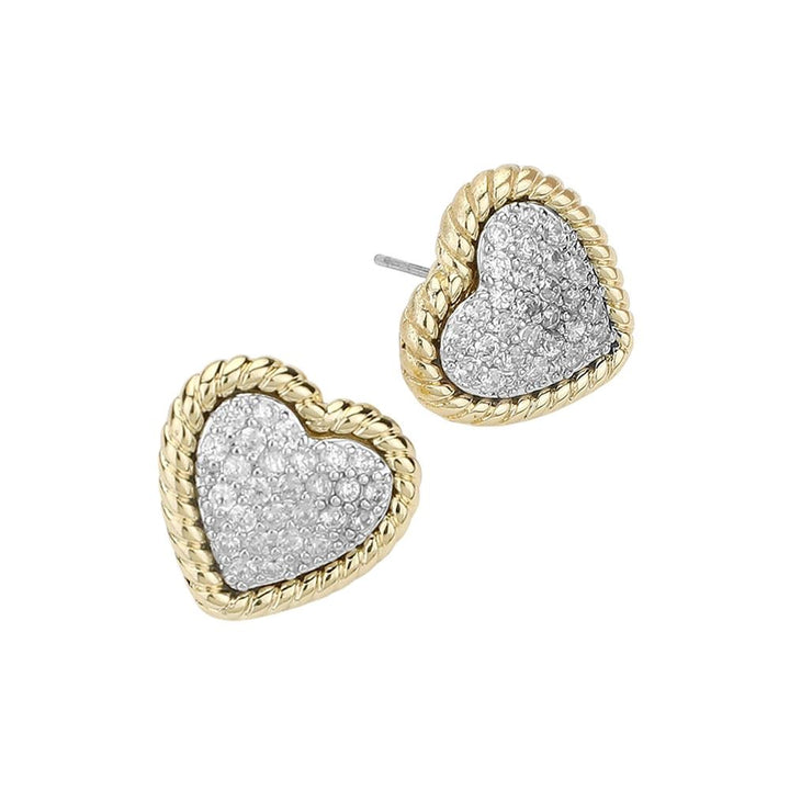 Two-Tone-14K Gold Plated CZ Stone Heart Paved Stud Earrings add a touch of elegance to any outfit. Made with high-quality materials, these earrings feature a beautiful heart shape filled with sparkling CZ stones. The 14K gold plating ensures long-lasting shine and the stud design makes them comfortable to wear. Elevate your style with these stunning earrings.