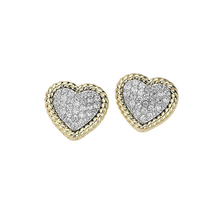 Two-Tone-14K Gold Plated CZ Stone Heart Paved Stud Earrings add a touch of elegance to any outfit. Made with high-quality materials, these earrings feature a beautiful heart shape filled with sparkling CZ stones. The 14K gold plating ensures long-lasting shine and the stud design makes them comfortable to wear. Elevate your style with these stunning earrings.