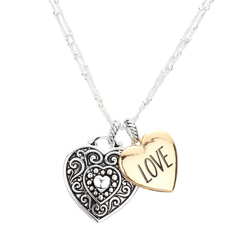 Collar con colgante de corazón de metal antiguo LOVE - Dos tonos