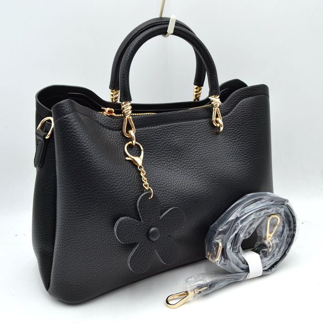 Elegant Top Handle Satchel Bag with Detachable Shoulder Strap and Floral Charm - Black - Satchel Bag