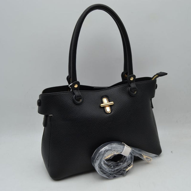 Textured Top Handle Handbag with Metallic Turn-Lock Accent - Black - Hand Bag