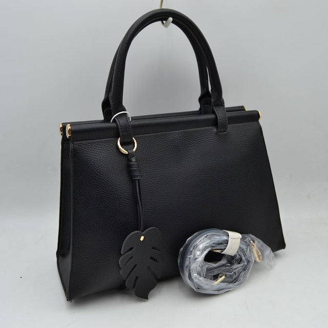 Elegant Tote Handbag with Detachable Shoulder Strap & Round Charm Keychain - Black - Tote Bag