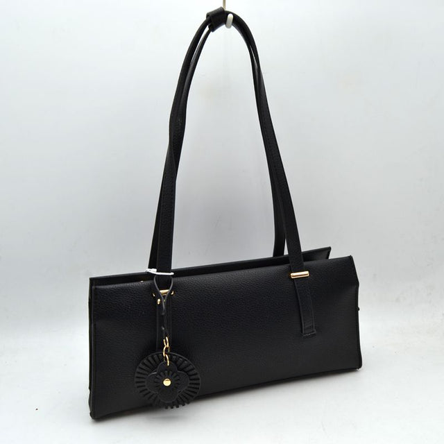 Elegant Shoulder Tote Bag with Decorative Charm - Black - Tote Bag