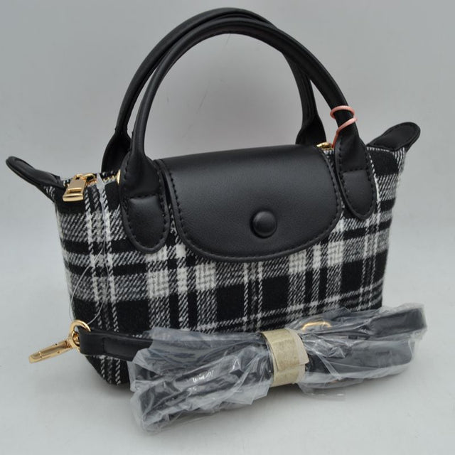 Plaid Fabric Mini Satchel Bag with Snap Flap and Shoulder Strap - Black - Satchel Bag